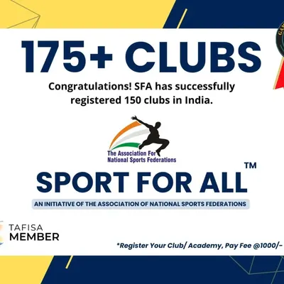 This graphic celebrates a milestone for the "Sport For All" initiative, having successfully registered over 175 sports clubs across India. It shows our progress in building a national sports network.