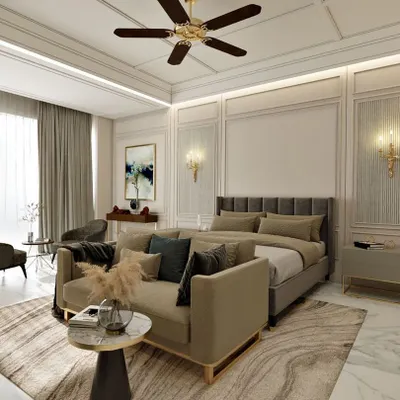 This master bedroom in a Delhi villa blends classic and contemporary sensibilities. Wall paneling and sconces add a traditional touch, while the clean lines of the furniture and a neutral color scheme keep the space feeling modern and serene.