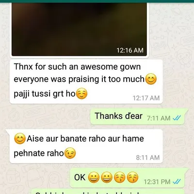 A screenshot from a wonderful client who loved her custom gown. Reading "pajji tussi grt ho" truly makes my day and reminds me of the personal connection I build with each person I design for.