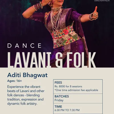 *Jithe taal tithe laav*, where rhythm meets grace. This poster showcases our Lavani and Folk Dance class with Aditi Bhagwat, a chance to celebrate tradition through powerful rhythm and expressive movement.