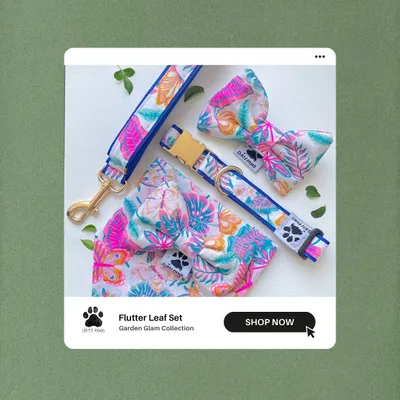Meet the Flutter Leaf Set. This design is inspired by tropical gardens, featuring bright leaves and butterflies. The full set includes a leash, collar, bow, and bandana for your pup, with a matching hair accessory for you.