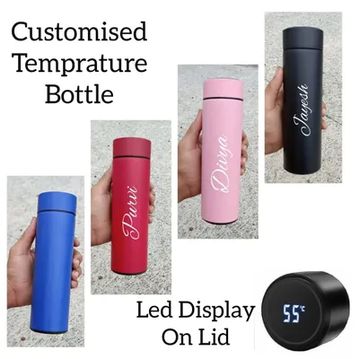 My customized temperature bottles are a modern and practical gift. This collage shows the available colors, the smart LED temperature display on the lid, and examples of elegant name engraving.