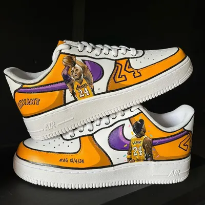A tribute to the legend, Kobe Bryant. I painted these Nike AF1s with iconic imagery of Kobe in his Lakers jersey, complete with his number 24. These custom basketball sneakers are a piece of wearable history for any fan.
