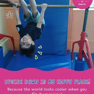 Upside down is a happy place. Our gym is set up to let kids safely explore movement from every angle, building confidence and a new perspective.