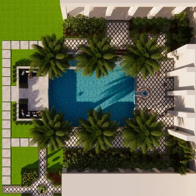 An aerial view of a formal, symmetrical pool design surrounded by palm trees and a lattice-patterned deck. This classic layout includes a small fountain and a covered seating area, creating a timeless and elegant backyard resort.