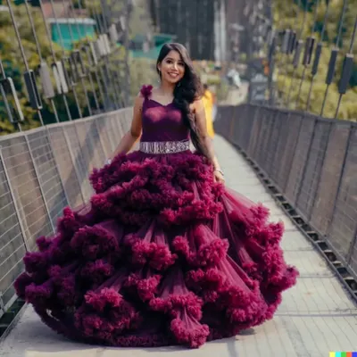 Our "cloud" gown in a deep plum color is a showstopper. The voluminous, textured skirt creates a high fashion look perfect for a unique photoshoot or event.