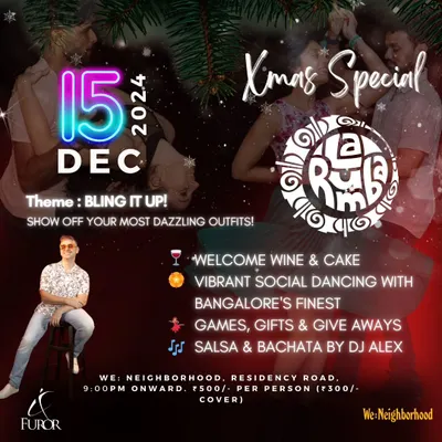 Our flyer for the Xmas Special at La Rumba. It was a night of bling, sequins, and festive cheer with the best of Bangalore's social dancers.