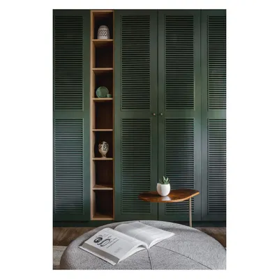 This custom-built wardrobe in a bold teal green acts as a statement piece in the home theater. The louvered doors add texture, while the open wooden niche breaks up the color and provides a space for display.