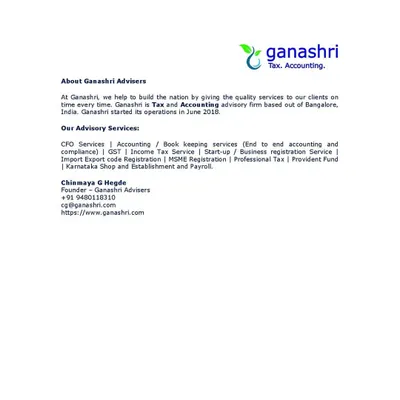 A summary of our advisory services, including CFO services, bookkeeping, GST, Income Tax, and various business registrations like MSME and Import Export Code.