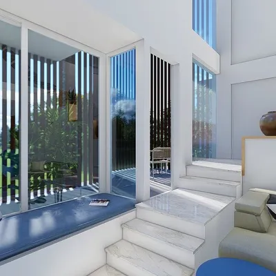 A 3D visualization of a bright, double-height living area. The design incorporates a comfortable window seat and uses vertical fins on the exterior to control sunlight, ensuring the space is always bright but never harsh.