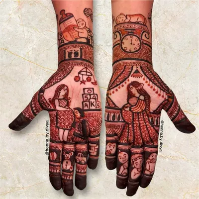 A detailed baby shower mehendi telling a complete story. This design includes portraits of the expectant mother, a baby in a cradle, a clock showing the birth time, and the baby's initials 'AKSH' on toy blocks.