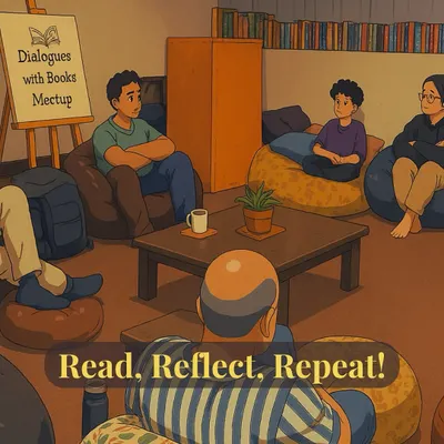 An illustration of our "Dialogues with Books" meetup, capturing the cozy and reflective atmosphere of our monthly book club.