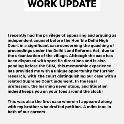 A summary of a significant case I argued before the Delhi High Court. The matter concerned the quashing of proceedings under the Delhi Land Reforms Act, a complex area of law that keeps me on my toes.