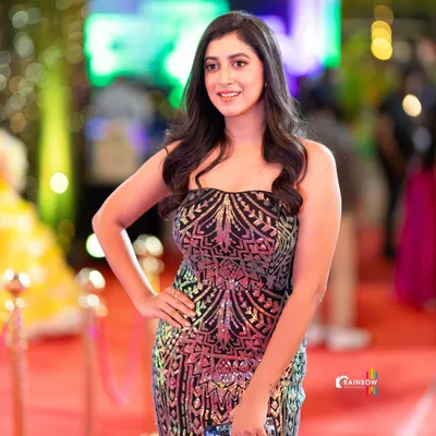 A classic red carpet shot. The model's confident pose and the shimmering gown are perfectly captured against the backdrop of event lighting, creating a glamorous and exciting photo.