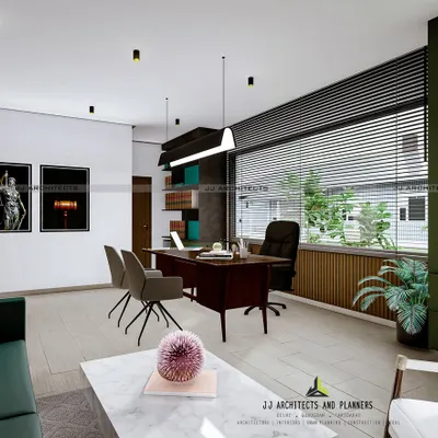 A 3D render of a home office we designed within a residential duplex. The concept was to create a professional, well-lit cabin that feels separate from the living areas, featuring ample storage and a clean, modern aesthetic.