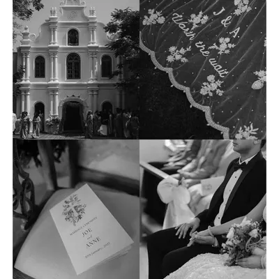 A collage of moments from a Christian wedding ceremony. It shows the grandeur of the church, the personalized veil, the wedding program, and the couple holding hands, telling the story of their sacred union.