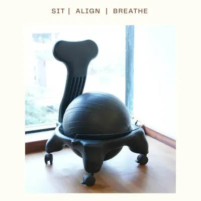 This is a glimpse of where the magic happens. The balance ball chair is a great tool for engaging the core and promoting good posture, even while sitting.