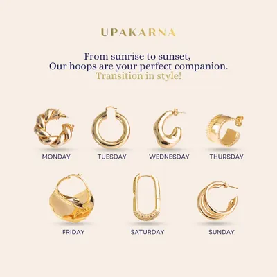 An earring for every day of the week. This graphic showcases seven of our favorite hoop styles, from braided beauty hoops for Monday to triple hoops for Sunday. We make daily styling easy.