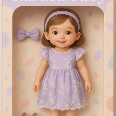 Imagine your baby as her own adorable toy, styled in a custom Karasa Baby outfit. This illustration shows our lilac "Arya" dress, reimagined as a collectible doll.
