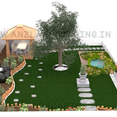 Before we build, we design. This is a 3D visualization we created for a client, showing the proposed layout of their garden, including a small gazebo, a water feature, and planting arrangements.
