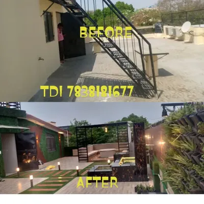 A complete terrace makeover in Noida, Sector 41. I transformed this empty roof into a multi-zone space with a pergola, bar, fountain, and new tile work. The project cost of 7L included all design and execution.