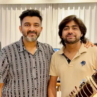 In the studio with Sachin from the acclaimed music duo Sachin-Jigar. Here, I was dubbing the Zitar part for a song in the movie 'Zara Hatke Zara Bachke', a great example of a professional session for a major film.