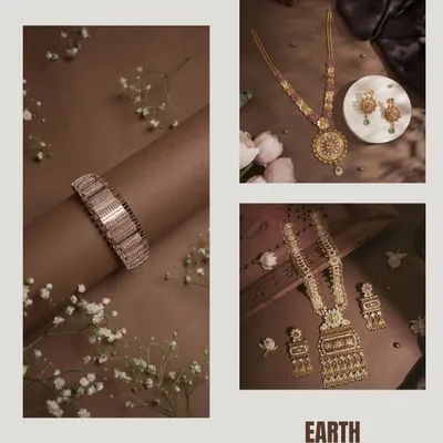 Every shade tells a story. This 'Earth' themed collage showcases a collection of gold and rose gold jewelry against a warm, earthy-toned background, highlighting their rich and classic appeal.