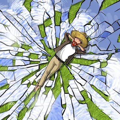 This piece is a visual representation of my motto: "I dance with my defeats." A figure lies on a shattered mirror that reflects a swirling sky and green grass, finding a place of rest and acceptance among the broken pieces.