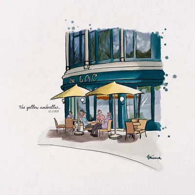 The yellow umbrellas of a charming European-style cafe. This urban sketch is a great example of a custom illustration I can make of your favorite local spot, perfect for a personal art print.