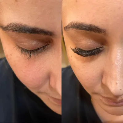 This side-by-side comparison clearly shows the power of a well-done lash set. My technique adds volume and length, resulting in a defined and elegant look while maintaining the health of your natural lashes.