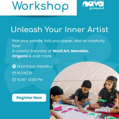 A workshop to unleash your inner artist. This poster shows young children joyfully collaborating on a large painting with their hands, perfectly capturing the messy, colorful, and creative spirit of my art sessions.