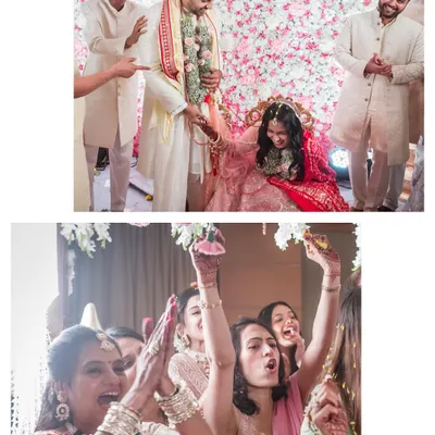 A collage of fun and emotional moments from a wedding ceremony, including the bride's family celebrating and a playful ritual.