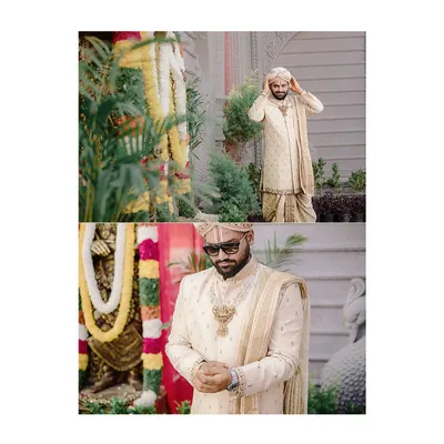 A two-part look at the groom getting ready. The top panel shows him adjusting his custom turban, while the bottom shows the final look with the hand-embroidered sherwani, dhoti, and statement necklace.