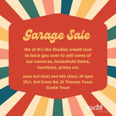 The announcement for our very first Kānike Garage Sale. These events are a fun way for us to clear out studio items, sell prints, and raise funds for the upkeep of our creative space.