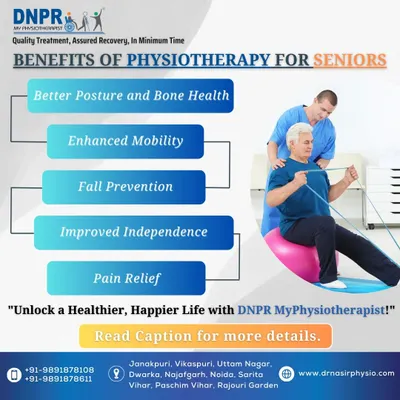 This graphic outlines the key benefits of physiotherapy for our senior patients. We focus on everything from pain relief and fall prevention to improving bone health, helping you lead a healthier and more independent life.