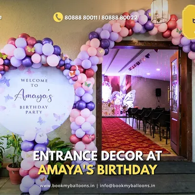 We created a grand welcome for Amaya's butterfly themed birthday party with this beautiful entrance decor. The circular welcome sign was framed by a lush arch of purple and pink balloons, setting a magical tone from the moment guests arrived.