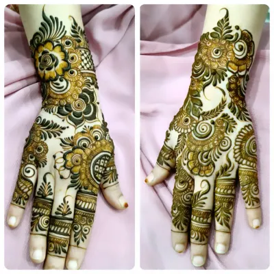A split image showing a gorgeous floral design on the back of the hand. The pattern flows from the wrist to the index finger, a classic characteristic of Arabic henna style.