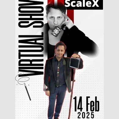 A promotional poster for a virtual illusion show for ScaleX. I can read your mind, even through the screen. Prepare for a unique and mind-bending online experience.