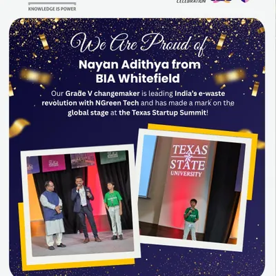 We are incredibly proud of our Grade V student, Nayan Adithya, who represented India on a global stage at the Texas Startup Summit. His nonprofit initiative, NGreen Tech, which focuses on revolutionizing e-waste management, secured funding and showcased the leadership and vision we nurture in our students.
