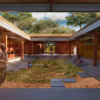 A rendering of the central courtyard for our 'Sanctuary' competition entry, a sustainable development center in Zambia. The design creates an open, inclusive, and multi-use community space.