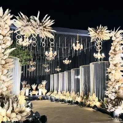 Make a statement with a dramatic nighttime entrance. This design uses illuminated pampas grass arrangements, hanging chandeliers, and crystal curtains to create a luxurious and unforgettable welcome for an exclusive evening gala.