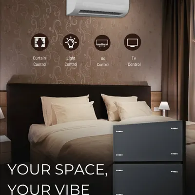 This graphic illustrates the centralized control I provide for your bedroom. From a single smart switch panel, you can manage your curtains, lights, air conditioning, and television, creating your perfect vibe with ease.