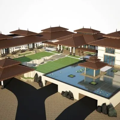 Inspired by the balance of water and land, this design reinterprets Balinese architecture. The villa appears to rise effortlessly from its surroundings, floating above serene lotus ponds on one side and embracing the Arabian Sea on the other.