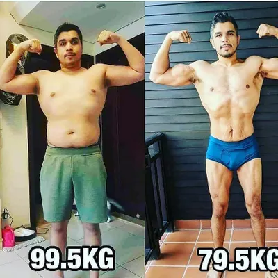 A powerful 20kg weight loss transformation from 99.5kg to 79.5kg. This client's dedication to the personalized diet and virtual HIIT coaching plan paid off with a completely new physique.