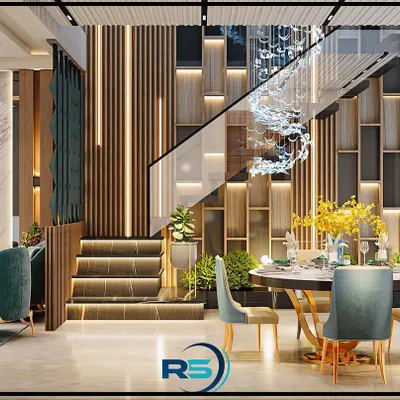 This 3D render showcases a complete vision for a duplex ground floor. It integrates a plush living area, a formal dining space, and a stunning double-height staircase wall, all designed to flow seamlessly together.