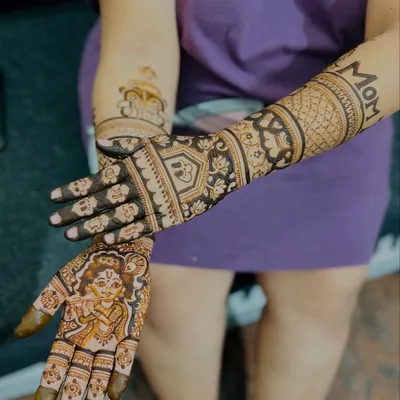 One of my most requested baby shower designs, featuring a playful baby Krishna on one palm and "MOM" written on the forearm. It’s a beautiful blend of tradition and modern celebration.