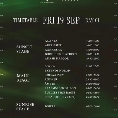 The official timetable for the AVA x NOBO Escape festival. It's always a thrill to see my name on the lineup for the main stage, especially for a B2B set with DJ Lion.