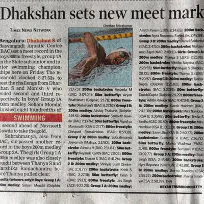 A Times News Network article highlighting Dhakshan S setting a new meet record in the 800m freestyle.