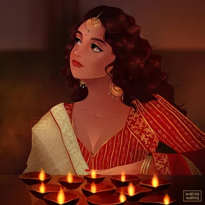 A Diwali-themed illustration showing a woman surrounded by the warm glow of diyas. I focused on creating atmospheric lighting to capture the magical feeling of the festival of lights.