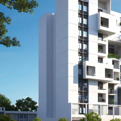 A rendering of the Aurum Avenue housing project, where the facade is articulated as a dynamic composition of stacked and shifted blocks. This design strategy avoids the monotony of a flat facade and creates a variety of unique balcony spaces for residents.